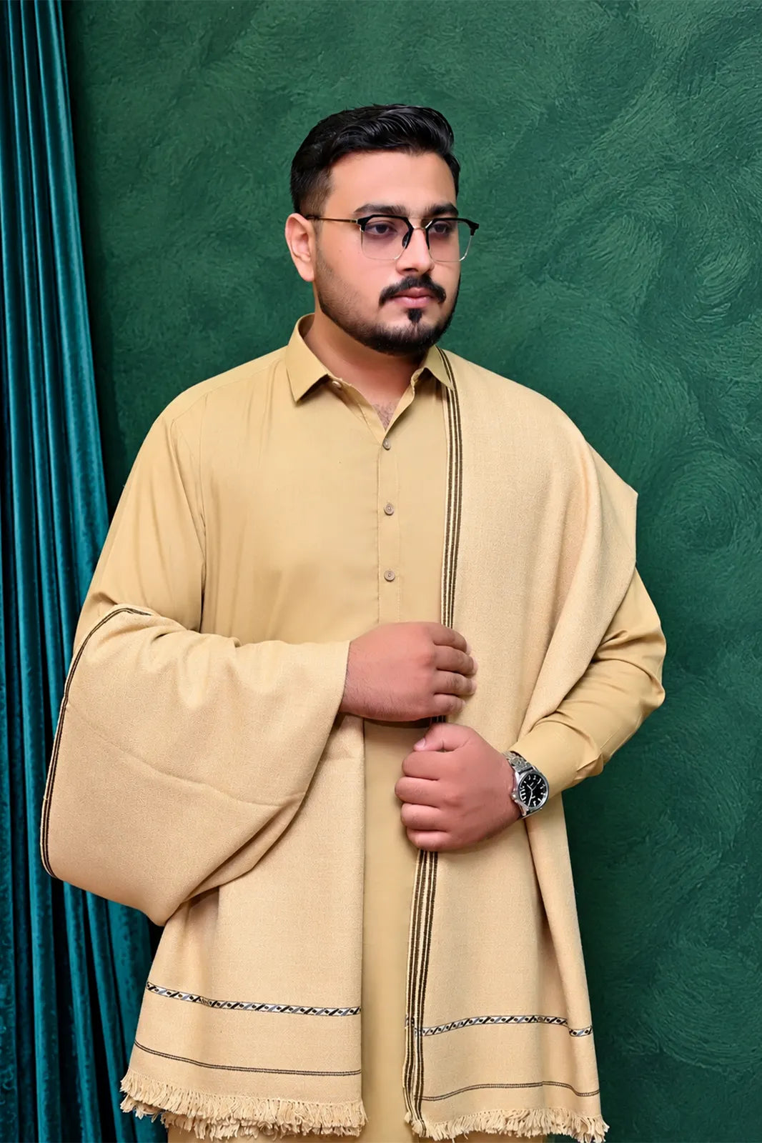 Jalalpuri Wool Shawl in Golden Color